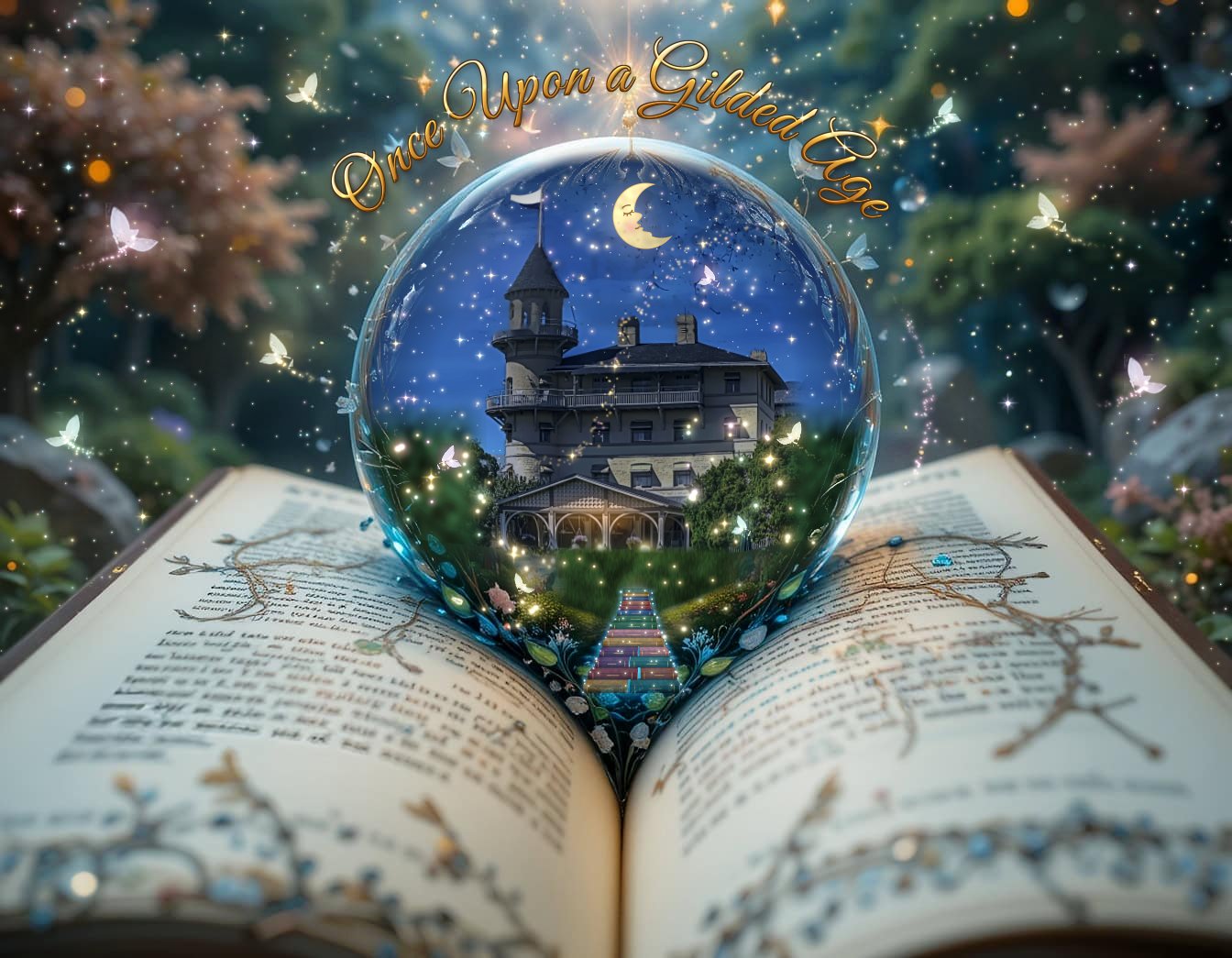 Once Upon a Gilded Age: a crystal globe holding the Jekyll Island Club, rising from an open storybook